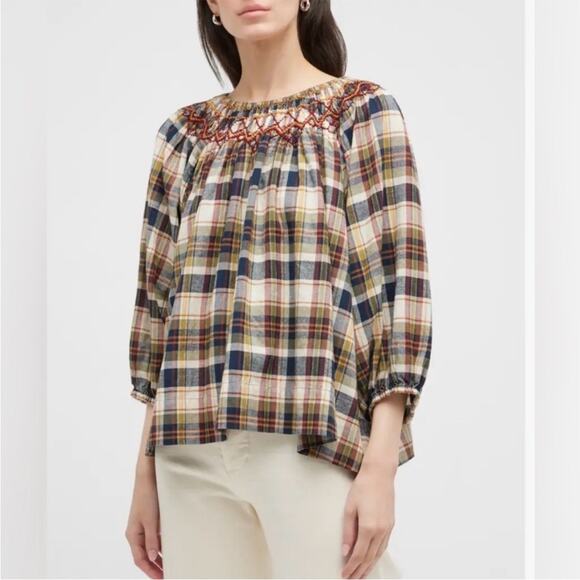 THE GREAT. Tops - The Great The Sea Glass Plaid Embroidered
Blouse Size 3